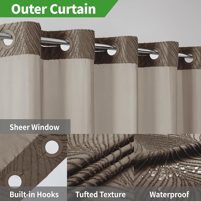 eachope no Hook Shower Curtain and Liner Set，Boho Style with See Through Top Window, Brown Fabric Tufted Striped Textured Outer Curtain & Waterproof Inner Liner, Brown, 71Wx80H