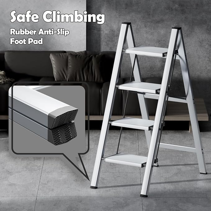 Taranta 4 Step Stool Foldable,Aluminum Step Ladder-Sliver | Lightweight,Wide Anti-Slip Pedals,Folding Step Stool,330lbs Capacity Stepladder for Household,Kitchen,Office