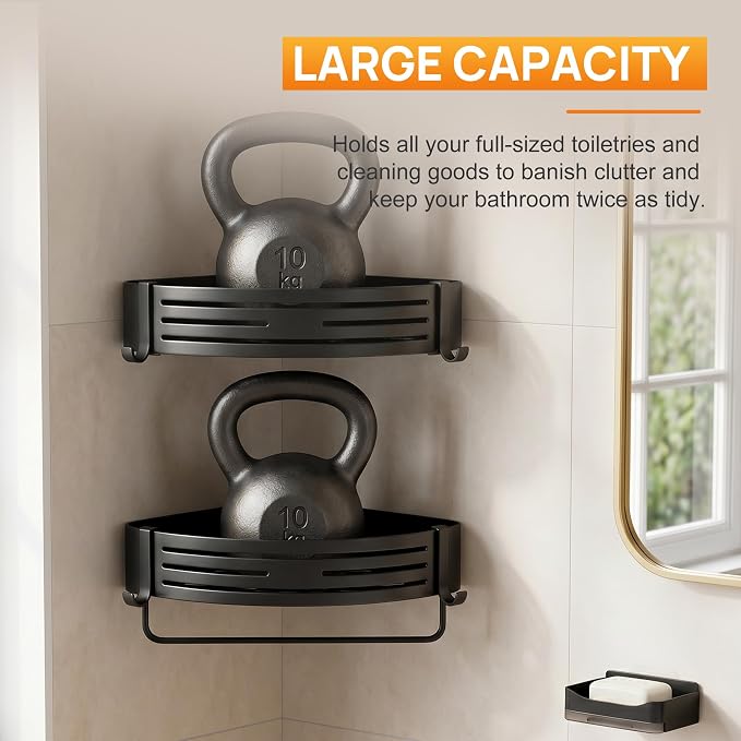 Black Adhesive Triangle Shower Caddy with Towel Bar, Soap Dish and Hooks | No-drill black triangle shower basket with towel bar, soap dish and hooks for smooth tile, glass and stainless steel walls