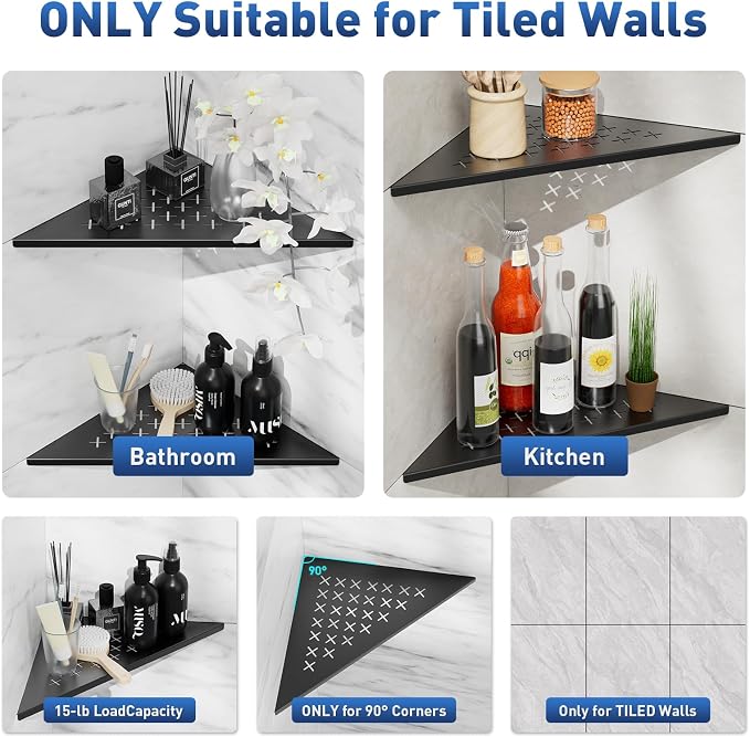 lives 2 Pack Corner Shower Shelf 10" Slot Design Recessed Shower Shelves for Tiled Wall, 304 Stainless Steel Corner Shelf for Bathroom, No Drilling Needed (Matte Black, Cross)