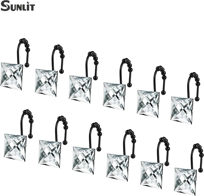 Sunlit Luxury Design Square Clear Diamond Crystal Gem Bling with Glide Balls Shower Curtain Hooks, Rust Proof Metal Rhinestones Glam Shower Curtain Rings with Black Hooks, Set of 12