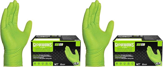 GLOVEWORKS Green Nitrile Gloves 8 Mil Heavy Duty Texture Chemical Resistant | Mechanic and Cleaning Gloves, Suitable for Heavy Duty Industrial Use, Chemical Resistant, HIgh-Visibility Color, Bulk Options