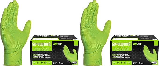 GLOVEWORKS Green Nitrile Gloves 8 Mil Heavy Duty Texture Chemical Resistant | Mechanic and Cleaning Gloves, Suitable for Heavy Duty Industrial Use, Chemical Resistant, HIgh-Visibility Color, Bulk Options