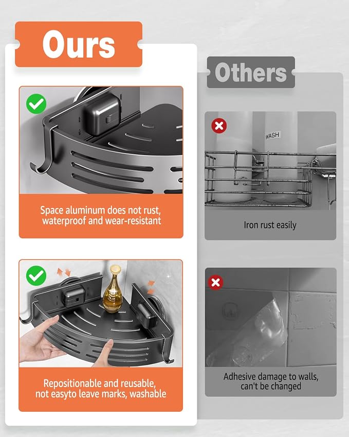 Conworld Corner Shower Caddy Suction Cups, No-Drilling Corner Shower Shelf | No Drilling, No Wall Damage, Aluminum, Rustproof, Suitable for Ceramic Tiles and Glass Walls