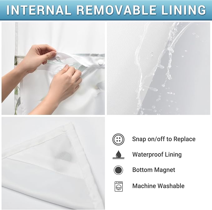 No Hook Shower Curtain with Liner, Eucalyptus Sage Green, 71x74 | Snap in Liner, 3 in 1, Water Repellent, Easy Install, Machine Washable, Hotel Style for Bathroom, Watercolor Pattern