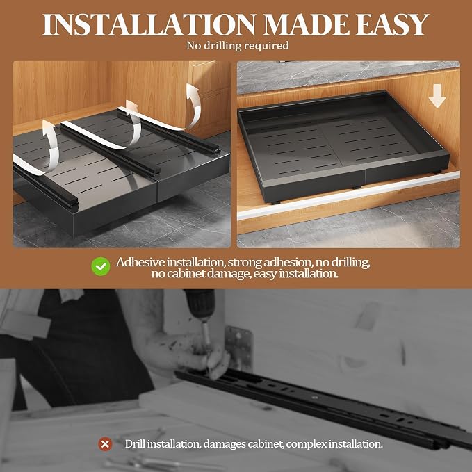 Seinloes 6 Pack Expandable Pull Out Cabinet Organizer 21"Deep With Raising Pad for Framed Cabinets,Upgrade 3 Slide Rails Slide Out Drawers,No Drill Roll Out Shelves,Adjustable Width 12.1"-20.4" Black
