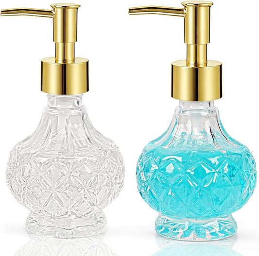 2PCS Glass Hand Soap Dispenser Bathroom with Rust-Proof Pump | Small Crystal Soap Dispenser for Kitchen Dish Soap, Hand Soap, Essential Oil & Lotion