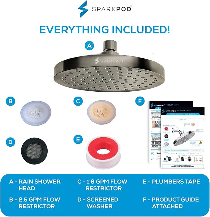 SparkPod Rain Shower Head, 8 Inch Round, Elegant Brushed Nickel Finish | High Pressure Shower Heads, 90 Nozzles, Adjustable Showerhead, No Tools Needed, Universal Connection