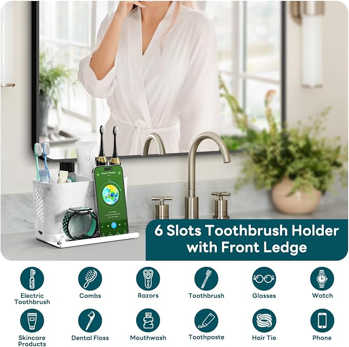 Toothbrush Holders, Toothbrush Caddy with Front Ledge and Cord Slots, Detachable Tooth Brush Holder for Bathroom Countertop, Shower, Vanity, Large Capacity 6 Slots Marble Bathroom Accessories