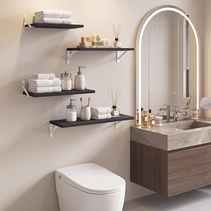 YGEOMER 4 Different Sizes Floating Shelves for Wall Decor, Black and White | Rustic wood shelves in mixed sizes for flexible combined storage. Fits bathroom, kitchen, living room, bedroom and office.