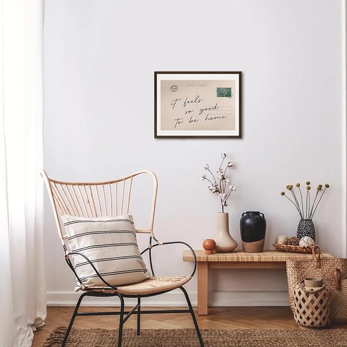 It Feels So Good To Be Home Wall Art, Vintage Positive Quote Postcard Wall Decor Poster Canvas Print Painting for Living Room Bedroom Apartment Dorm 16x24 inch Walnut Wood Framed