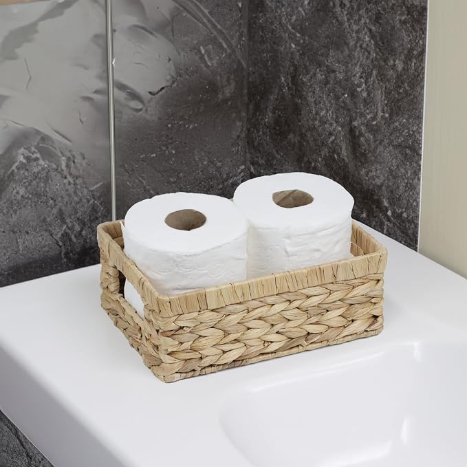 Wicker Baskets, Water Hyacinth Baskets for Organizing, Rattan Woven Baskets | Organizer Bins with Built-in Handles, Rectangular Storage Baskets for Shelves, Closet and Bathroom Organizer