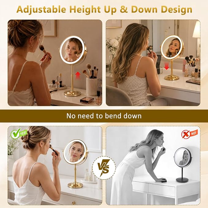 8" Makeup Mirror with Lights,4000mAh RechargeableVanity Mirror,1X/10X Double Sided Magnifying Mirror withAdjustable Height, 3 Colors Stepless Dimming Lighted MakeupMirror,Women Gift,Gold