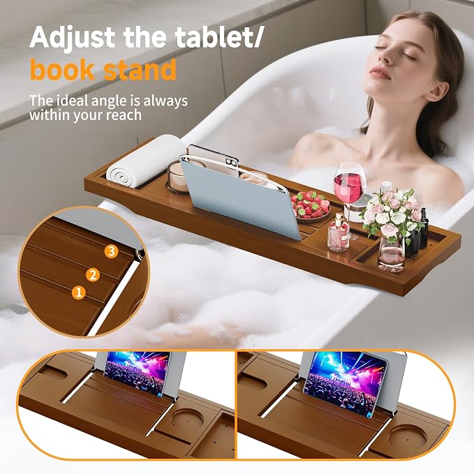 Foldable Bathtub Tray Caddy with Soap Dish Adjustable29.5-43''Walnut | Bamboo Bath Table Trays with Non-slip Pads, Wine Glass Holder, Adjustable Tablet Book Stand, Spa Bath Essentials Organizer