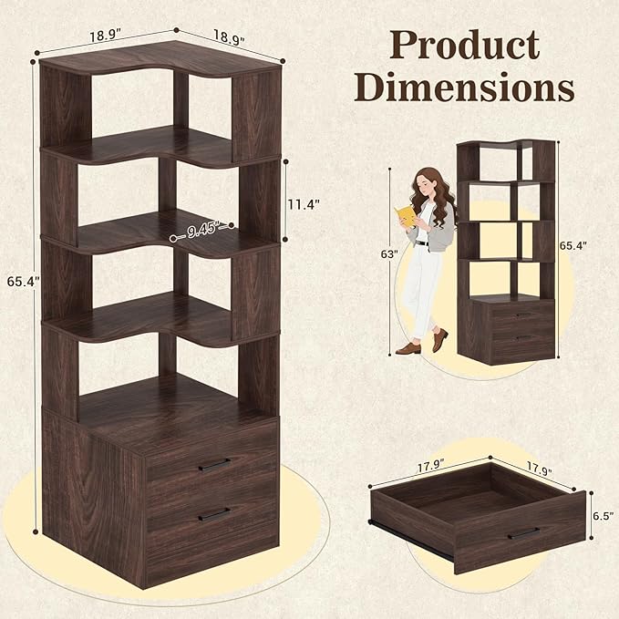 Corner Book Shelf with Drawers, Small Corner Shelf with Drawers | L Shaped BookShelf 6-tier Bookcase for Bedroom Storage, Living Room, Home Office, Kitchen Pantry, Black Walnut