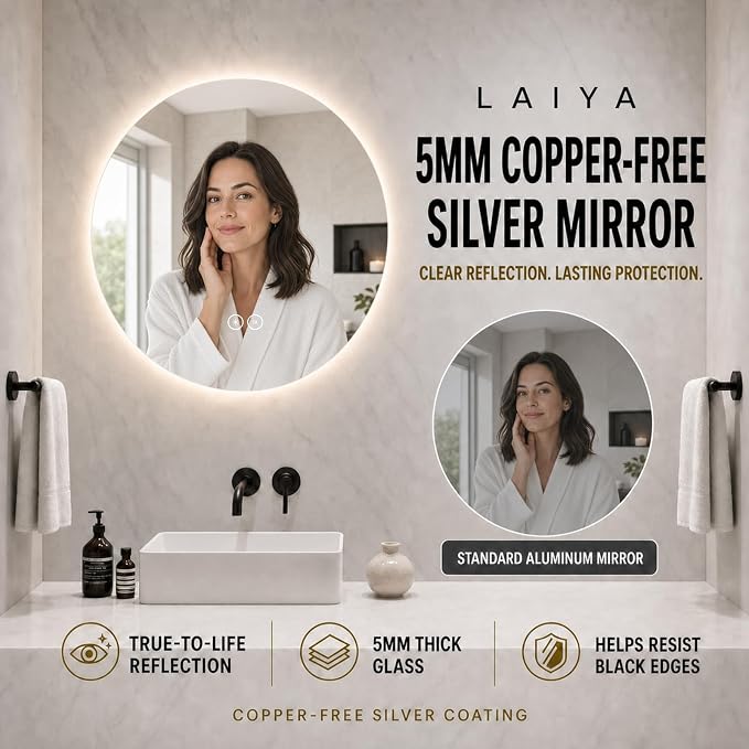 LAIYA 32 Inch Round LED Bathroom Mirror Frameless Backlit Anti-Fog Dimmable | Touch control, 24V IP65 strip, CRI 95+, 3000K-6000K colors, 10%-100%, memory, 5mm copper-free glass, 3-5 min defog, wall kit.