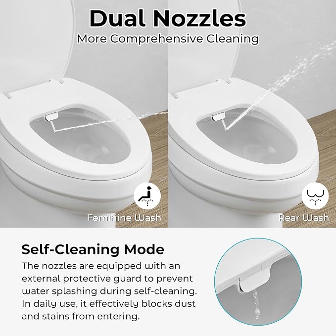 Bidet Toilet Seat,Non-Electric Quiet-Close,Fits Round Toilets,Adjustable Water Pressure and Self-Cleaning Dual Nozzles