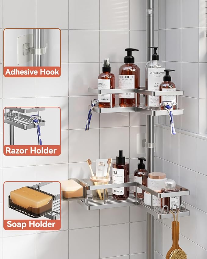 Corner Shower Caddy Tension Pole, 25.7-109.1in Adjustable Shower Shelves, Rust-Resistant Shower Organizer, No-Drill 3-Step Installation, Bathroom Shelves for Renters & Family, Silver