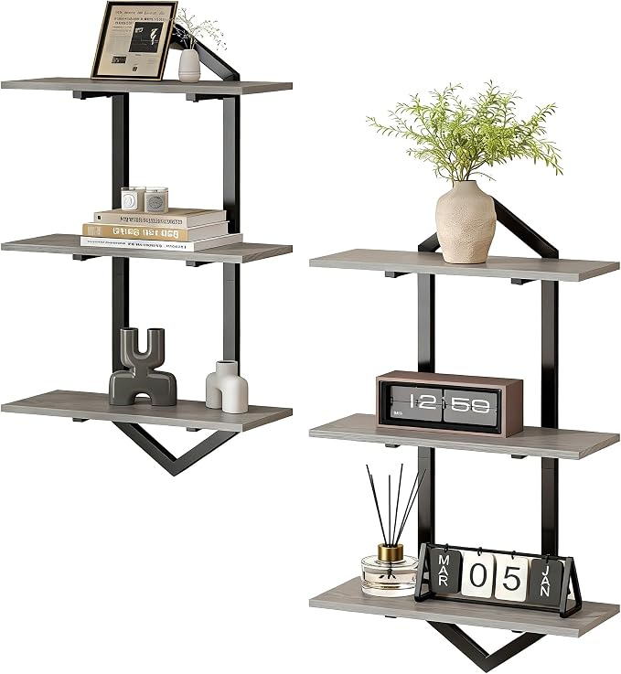 3 Tier Floating Wall Shelves, Set of 2 Decorative Wooden Shelf | Modern Geometric Hanging Storage Shelves for Living Room, Bedroom, Kitchen and Office, Perfect for Books, Plants and Decor