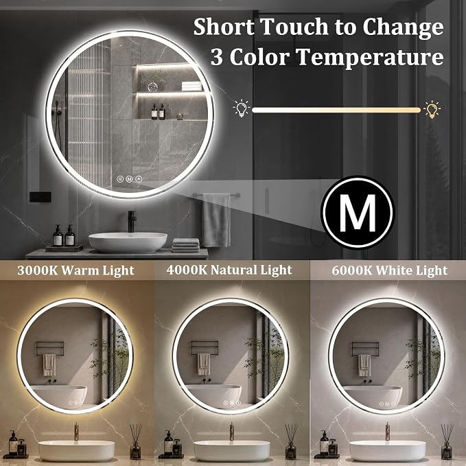 Round LED Bathroom Mirror, 24 Inch, HD Shatterproof Tempered Glass | Lighted Bathroom Mirror with Dimmable Lights Bathroom Mirror with Lights for Wall, 3 Color Temperatures