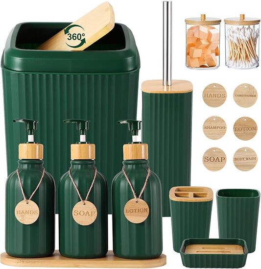 XLHOMO Bathroom Set 17PCS Bathroom Accessories with Trash Can 3PCS Lotion Soap Dispenser,Bathroom Accessories Set Green Bathroom Sets for Bathroom Decor