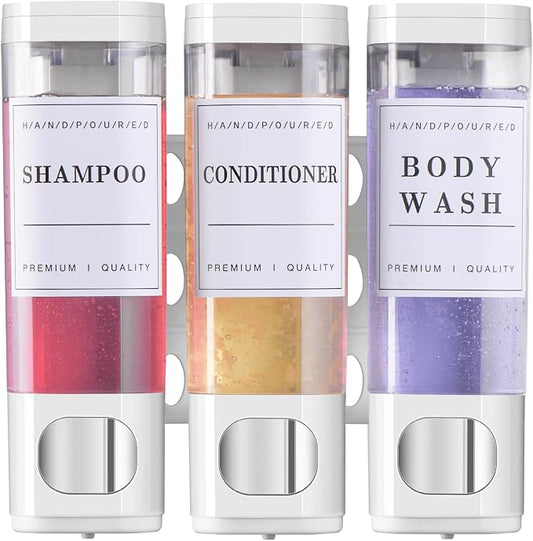 Shower Soap Dispenser Wall Mounted No Drill Shampoo Dispenser for Shower Wall Shampoo and Conditioner Dispenser Bathroom Hotel 3 * 300ml White with 3 Labels