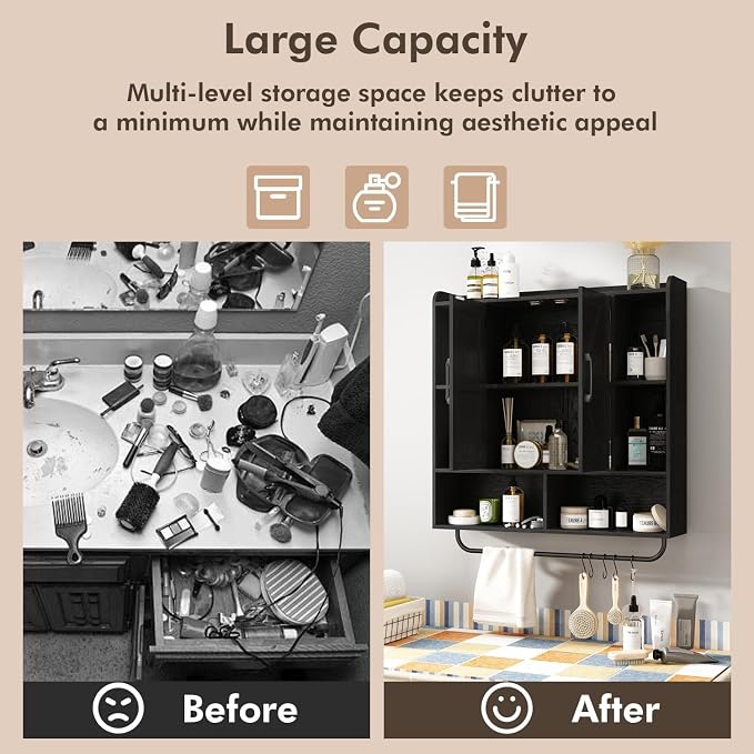 RUSTOWN Rustic Bathroom Wall Storage Cabinet with 2 Barn Doors, Black | Farmhouse Medicine Cabinet, Wall Mounted, Space Saving, 3-Tier Adjustable Shelves, Towel Bar, 5 Hooks