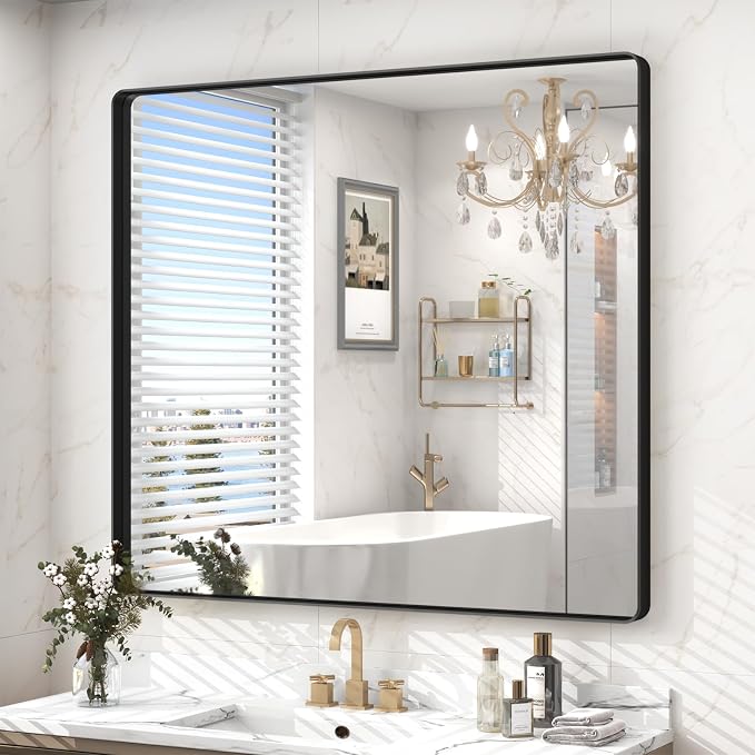 40x36 Inch Black Framed Bathroom Mirror for Wall, Black Metal Framed Mirror, Rounded Rectangle Bathroom Vanity Mirror, Anti-Rust, Shatterproof (Horizontal/Vertical) | Black Metal Framed Mirror, Rounded Rectangle Bathroom Vanity Mirror, Anti-Rust, Shatt...