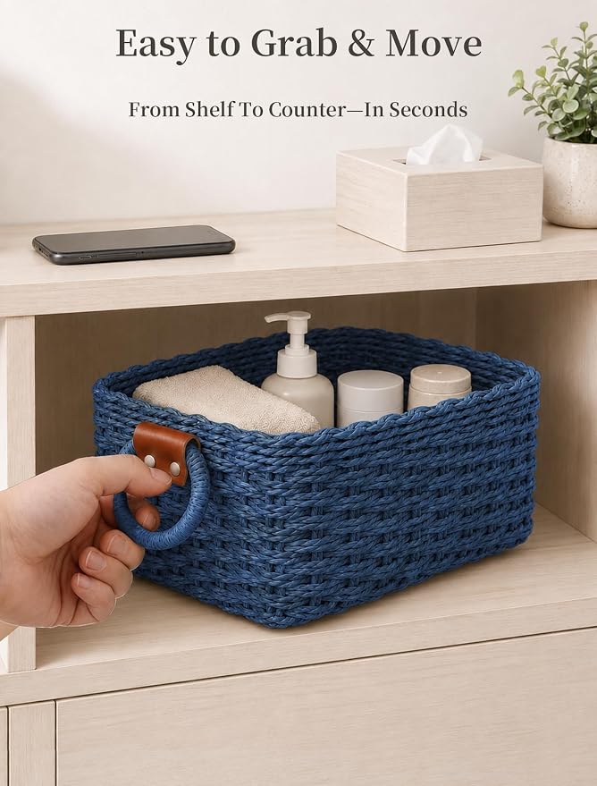 Small Wicker Baskets, 3 PCS Paper Rope Baskets for Shelves, Blue | Recycled Small Baskets, 3 Sizes Woven Baskets for Organizing, Decorative Storage Baskets for Bedroom and Bathroom