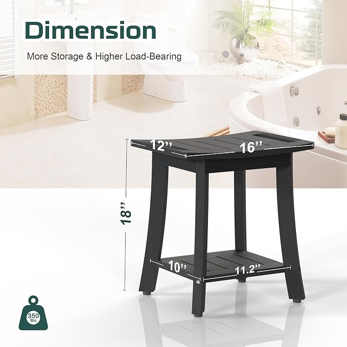 Waterproof HIPS Shower Bench for Inside Shower, Shower Stool, Black | Ergonomic design, For seating and leg shaving, Wood-Look texture, Easy care, Storage shelf, Non-slip leveling feet, 350 lb
