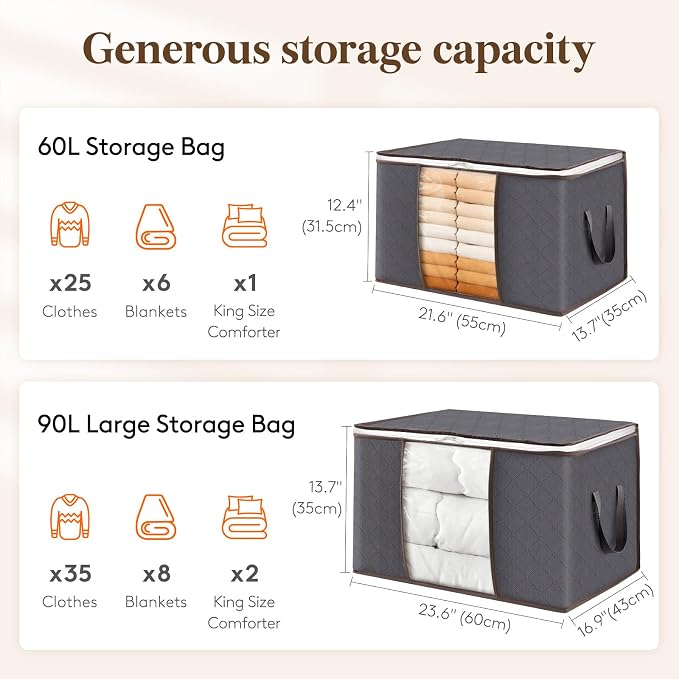 Lifewit 10 Pack 90L Clothes Storage Bins with Lids, Foldable Blanket Storage Bags with Zippers, Clear Window and Reinforced Handles, Closet and Organization for Clothing, Sweater, Comforter, Bedding