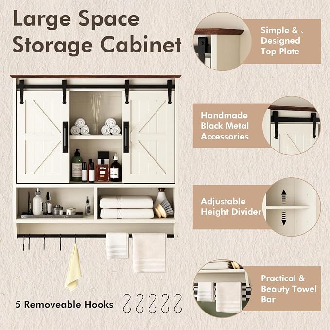 RUSTOWN Farmhouse Bathroom Wall Storage Cabinet with Sliding Barn Doors | 3-Tier, Rustic Wood Wall Mounted Cabinets, Vintage Medicine Cabinet, Adjustable Shelves, Over The Toilet Storage Cabinet