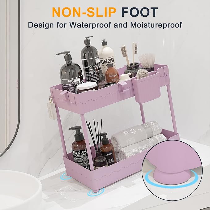 2-Pack Under Sink Organizer with Hooks & Hanging Cup for Kitchen | Multi-use kitchen & bathroom storage, 14.8 inch pink cabinet organizer, with hooks and hanging cup for easy access.