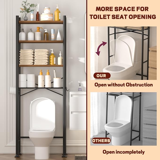 GloTika 4-Tier Over Toilet Storage, Anti-Tilt, 69.3" H, Brown | Anti-Tilt Safety System, 150lb Capacity, Carbon Steel, Freestanding, Anti-Rust Coating, Paper Holder & 4 Hooks