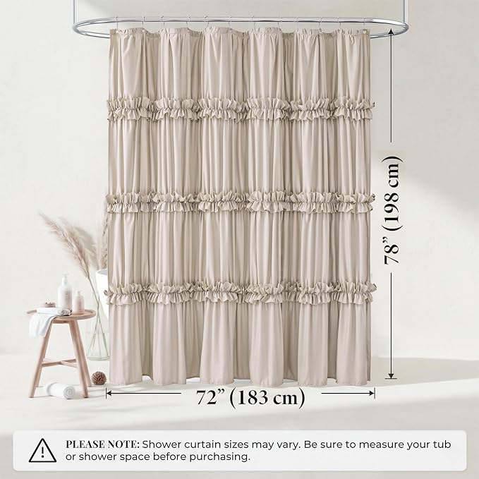 LIPA Boho Shower Curtain Rustic Ruffle Shower Curtain with Ruched & Bow Vintage Farmhouse Shower Curtains for Bathroom Bohemian Bathroom Decor(Beige,72x78 Inches)