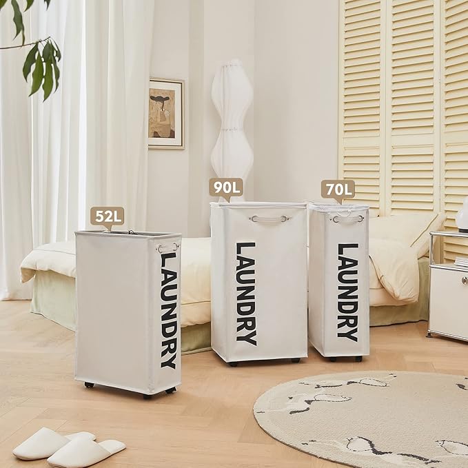 DOKEHOM 25" Slim Rolling Laundry Basket Hamper, Narrow on Wheels, Beige | Collapsible narrow laundry hamper with mesh drawstring closure. Foldable corner clothes storage bin for small spaces