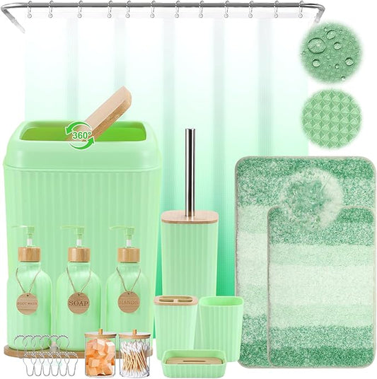 32PCS Green Bathroom Accessories Set with Shower Curtain,Rugs,Trash Can,3PCS Lotion Soap Dispenser, Toothbrush Holder, Soap Dish,Tumbler Cup,6PCS Wood Tags Bath Accessories with Tray for Bathroom