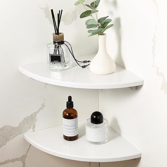 2 Pcs White Marble Corner Shower Shelf for Bathroom, 10'' Polished Marble Corner Shelves for Bath, Wall Mounted Stone Corner Shower Caddy, No Drilling Adhesive Shower Shelf
