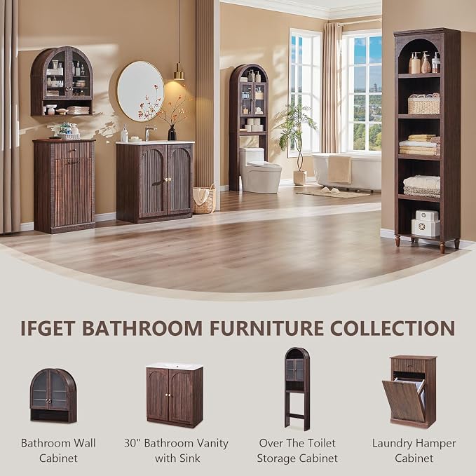 IFGET Bathroom Arched Wall Cabinet, 23.6'' Wide Medicine Cabinet with Adjustable Shelves & Glass Doors, Over The Toilet Storage Wall Mount Cabinet for Laundry Room, Kitchen & Living Room, Dark Walnut