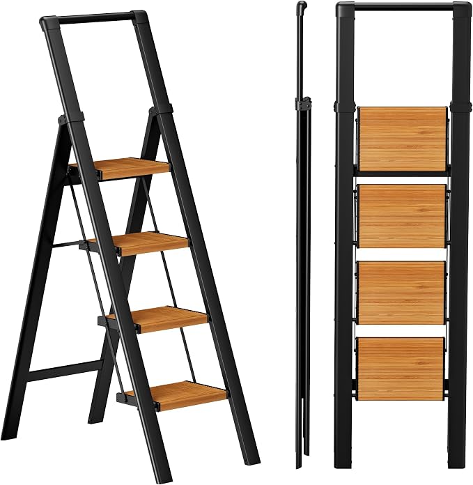 4 Step Ladder, Lightweight Folding Step Stool, Black+Woodgrain | Reach 8ft;Anti-Slip 7.9'' Wide Pedal;Portable Handrail;Space-Saving;For Kitchen, Home, Library, Office Use;300lbs Capacity