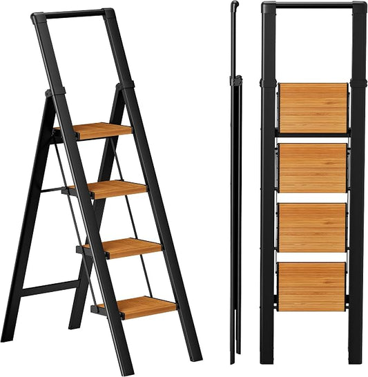 4 Step Ladder, Lightweight Folding Step Stool, Black+Woodgrain | Reach 8ft;Anti-Slip 7.9'' Wide Pedal;Portable Handrail;Space-Saving;For Kitchen, Home, Library, Office Use;300lbs Capacity