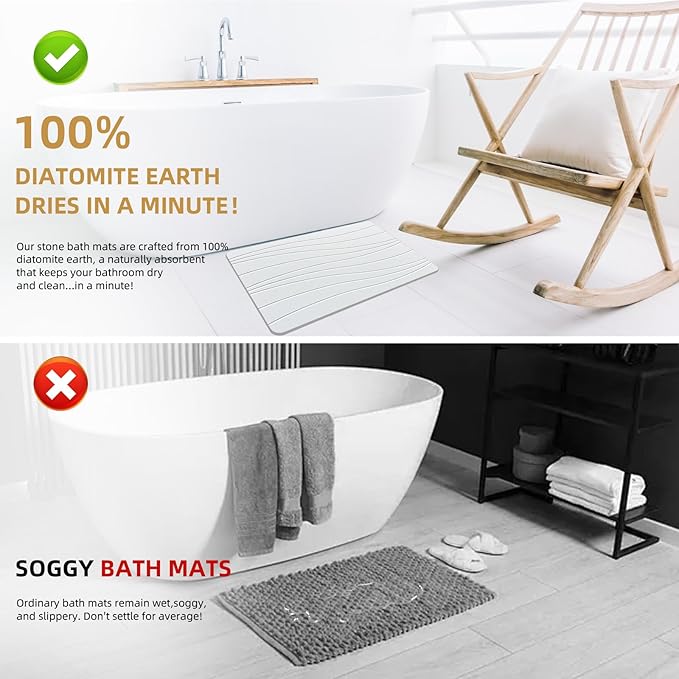 Extra Large Stone Bath Mat, 30'' x 17'' Diatomaceous Earth Non-Slip Stone Shower Mat, Super Absorbent Diatomite Stone Mats for Bathroom Light Gray XL Flow