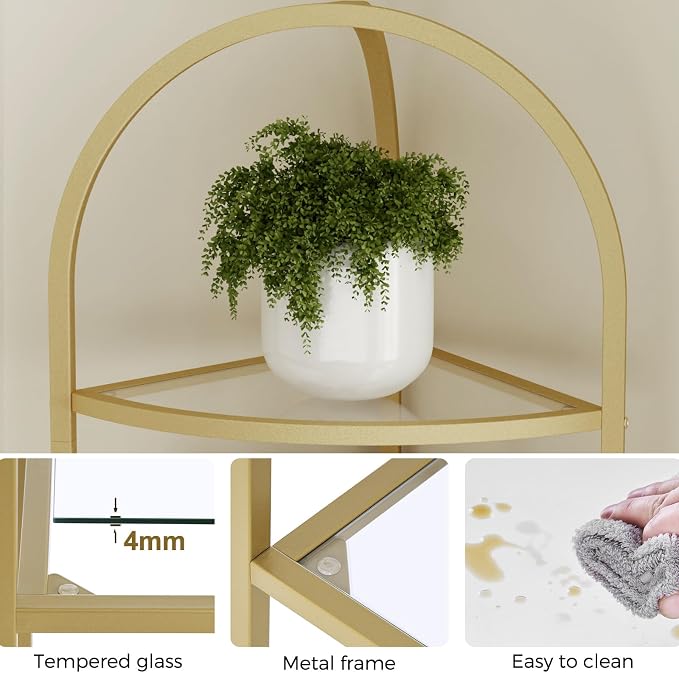 Homhedy 6-Tier Gold Corner Shelf Stand, Metal Corner Bookshelf | Display Shelf, Tempered Glass Shelves, Plant Stand, Storage Rack Shelf for Bedroom, Living Room, Home, Office, Gold