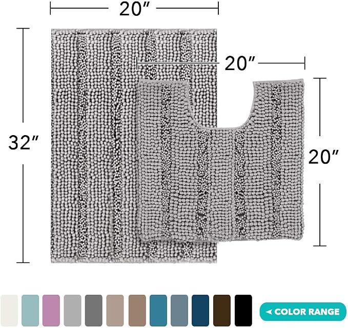Turquoize Chenille Bathroom Rugs Set Non-Slip Bath Mats for Bathroom Super Absorbent Shaggy Rugs for Tub Shower Toilet Plush Bath Rug Plus U Contour Rug (Standard: 20" x 32" and 20" x 20" U), Dove