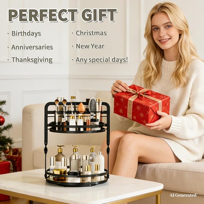 360 Rotating Makeup Organizer,Perfume Organizer, Bathroom Counter Organizer | 2-Tier Large Capacity Gold Vanity Organizer for Dresser,Perfume Shelf with Makeup Brush Holder Stores Skincare and Cosmetics