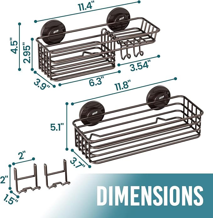 TAILI Shower Caddy Suction Cup 2 Pack with Hooks & Soap Holder, Brown | No Drilling Bathroom Organizer, Heavy Duty Shower Organizer, Metal Shower Basket
