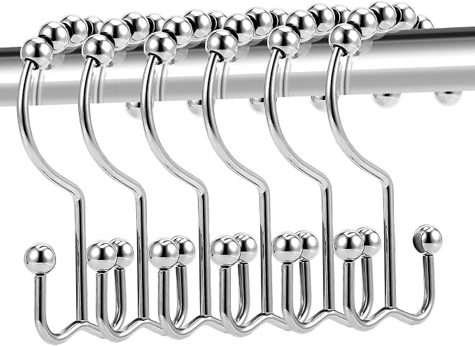 Shower Curtain Rings,Shower Curtain Hooks,Rust Proof Secure Lock Ring Clips for Hanging Bathroom Curtain (Silver E-Hooks)