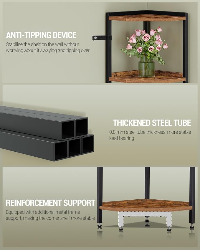 Hzuaneri Corner Shelf Stand 7-Tier Corner Bookshelf Storage Standing Shelf | Bookcase Plant Stand with Metal Frame for Living Room, Home Office, Bedroom, Rustic Brown CS07001B