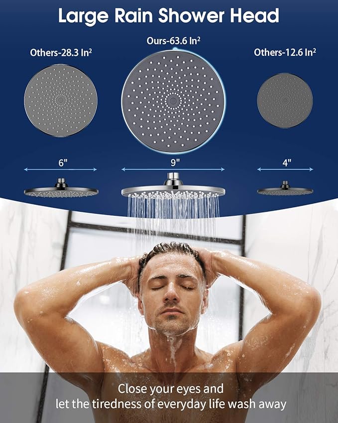 Large Shower Head VMASSTONE 9In High Pressure Showerhead - Tool Free Installation- with Large Spray Surfaces and 200 Nozzles for Delicate and Unstimulate Shower Experience (EM-001 Chrome/Dark Grey)
