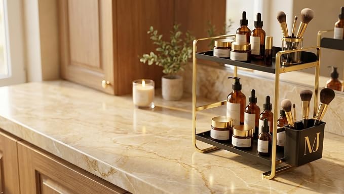 2 Tier Bathroom Countertop Organizer, Black and Gold | Side Caddy, Metal Construction, Slim Counter Storage Rack, For Vanity